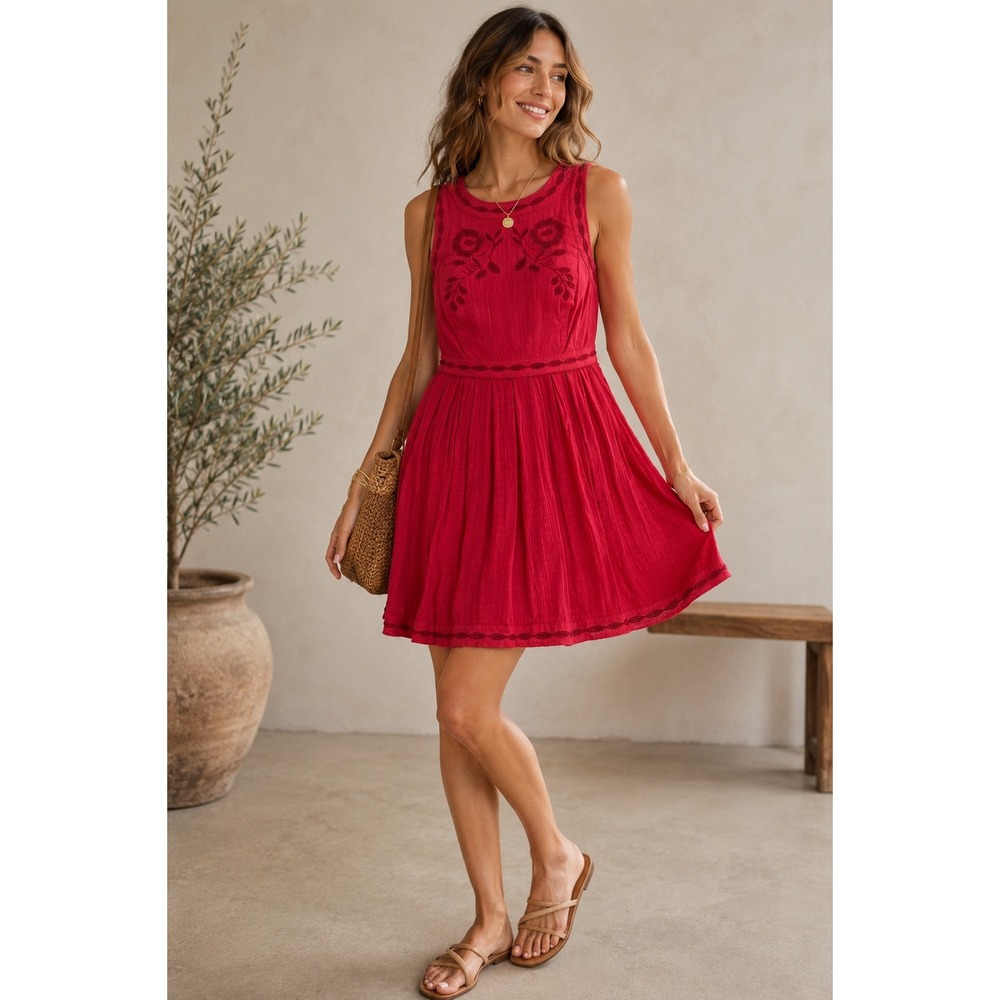Free People Red Embroidered Boho Mini Dress Sleeveless Cottagecore Festival 10